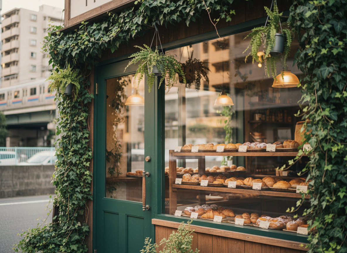 A cozy Osaka street-level bakery transformed into a forest hideaway, captured in photographic realism. The main focus is a rustic wooden storefront with a deep green-framed glass door and wide window, both half-covered in lush ivy and potted ferns. Inside, rows of golden sweet breads and pastries glow on wooden shelves. Outside, subtle hints of city life appear as blurred concrete buildings and a passing train line in the distance. Soft late-afternoon natural light and warm interior pendant lights mingle, casting inviting reflections on the glass. Shot at eye level with a slight angle, using shallow depth of field so the pastries inside are crisp and detailed while the urban background melts into a gentle bokeh, creating a playful yet serene, hidden-gem atmosphere.