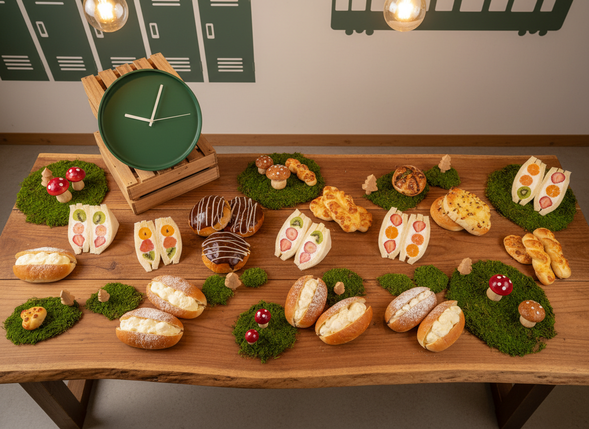 An overhead photographic view of a long wooden table in the Osaka forest hideaway bakery, styled for club after-practice snacks. The table is scattered with a playful assortment of sweet breads: cream-filled rolls cut open to reveal fluffy interiors, chocolate-topped buns, colorful fruit sandwiches, and small savory breads for balance. Between them, small moss patches, tiny faux mushrooms, and miniature tree figurines create a whimsical forest path motif. At one end of the table, a simple, round, forest-green clock with no numbers hints at extended evening hours, while the blurred background shows lockers and train icons on a wall mural, subtly suggesting school and commuting. Soft, overhead warm lighting creates even illumination with gentle shadows, while the composition uses a wide-angle top-down perspective with sharp focus across the frame, evoking a bright, playful, and energetic mood.