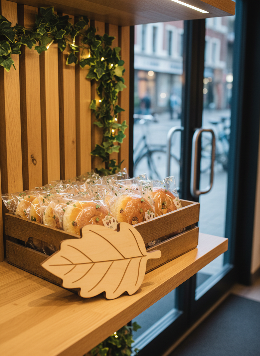 A photographic close-up of a playful, forest-themed bakery display dedicated to high school commuters. On a natural wood shelf near the entrance, an open-top wooden crate is filled with neatly arranged, individually wrapped sweet buns, each wrapper decorated with tiny illustrated leaves and acorns instead of text. Beside it, a small chalkboard-shaped sign is replaced by a blank, leaf-cut wooden plaque symbolizing special student discounts and after-school deals. Behind, a wall of vertical wooden slats is interwoven with trailing ivy and fairy lights, while a distant glass door shows a blurred city sidewalk and bicycle wheels. Soft, diffused early-evening lighting from the street combines with warm indoor spotlights, creating gentle highlights on the plastic wrapping and a fun, welcoming atmosphere. Composed at eye level with rule-of-thirds framing for a modern, clean look.