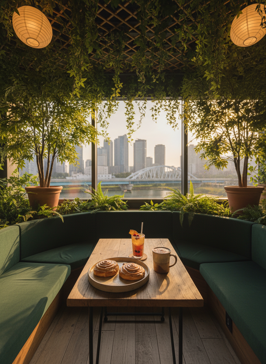 A small seating corner of the Osaka forest hideaway bakery designed for after-school visits, depicted in photographic realism. A low wooden table holds a simple tray with two sweet breads, a fruity drink, and a cocoa, all in earth-toned ceramic. Surrounding the table are deep green cushioned benches, with oversized potted trees and hanging vines creating a canopy feel, while a large window reveals blurred high-rise buildings and a distant train bridge. Late-afternoon golden light pours in, mixing with soft ceiling lights to create a cozy glow. Shot from a slightly low, wide-angle perspective to emphasize the contrast between the lush interior and the urban exterior, the mood is playful and relaxed, suggesting a secret retreat from the busy city.