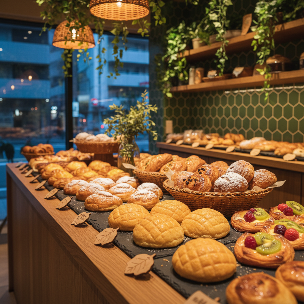 An inviting wooden counter inside an Osaka forest-themed bakery, lined with an abundant display of sweet breads and pastries. Front and center, glossy melon pan, custard-filled buns, chocolate croissants, and fruit-topped danishes sit on woven baskets and slate boards, each with tiny leaf-shaped markers instead of text. The counter surface is warm oak, with moss-green tiles and hanging trailing plants behind it, subtly hinting at the forest hideaway concept. Soft, warm pendant lighting from above highlights the textures of the flaky layers and sugar crystals, casting delicate shadows. The composition is a slightly elevated, close-up perspective with shallow depth of field, keeping the pastries in tack-sharp focus while the leafy decor and blurred window to the city outside create a gentle, playful background.