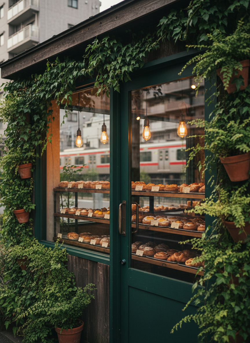 A cozy Osaka street-level bakery transformed into a forest hideaway, captured in photographic realism. The main focus is a rustic wooden storefront with a deep green-framed glass door and wide window, both half-covered in lush ivy and potted ferns. Inside, rows of golden sweet breads and pastries glow on wooden shelves. Outside, subtle hints of city life appear as blurred concrete buildings and a passing train line in the distance. Soft late-afternoon natural light and warm interior pendant lights mingle, casting inviting reflections on the glass. Shot at eye level with a slight angle, using shallow depth of field so the pastries inside are crisp and detailed while the urban background melts into a gentle bokeh, creating a playful yet serene, hidden-gem atmosphere.